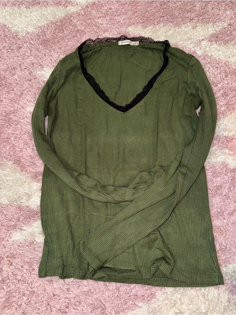 Stradivarius Olive Green Ribbed Tank with Black Lace
